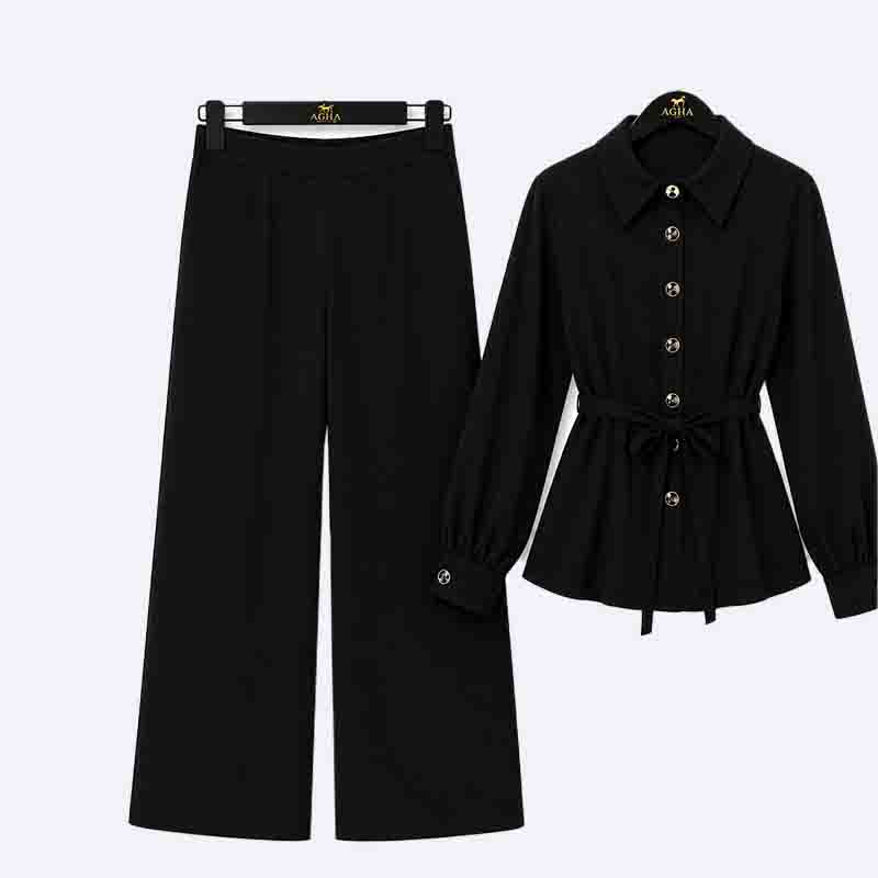 Classic Collar Belted Blouse & Straight Pants Set