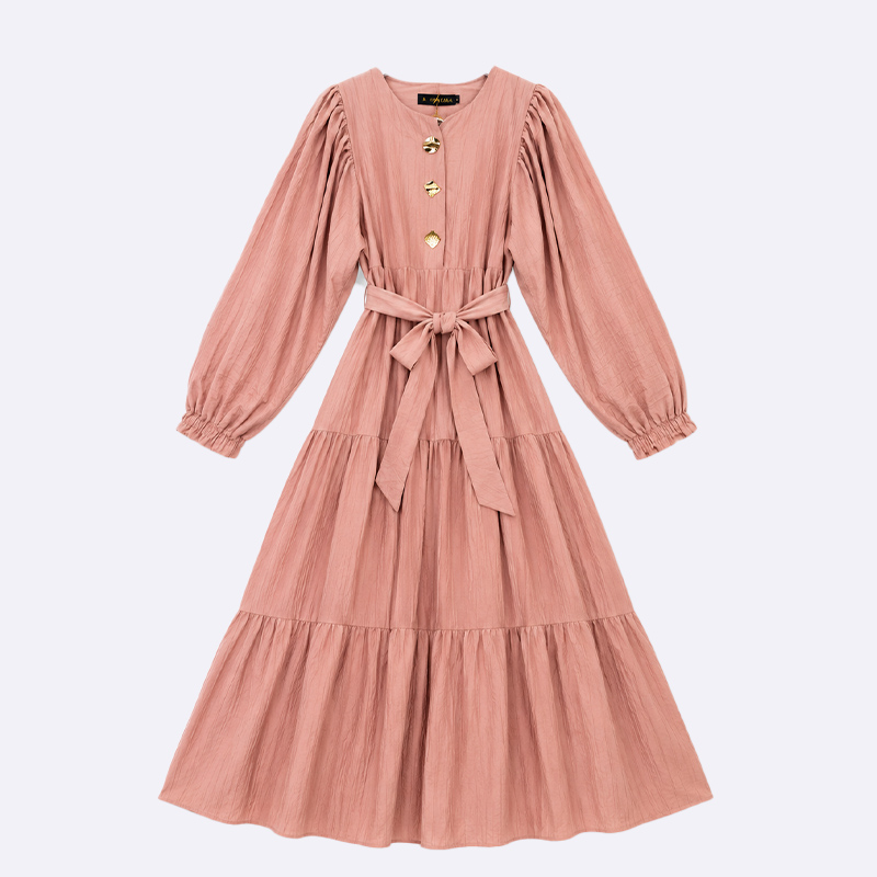 Tiered Button Detail Belted Maxi Dress