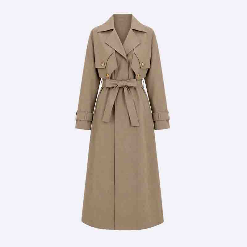 Elegant Long Trench Coat with Belt and Pocket Detail